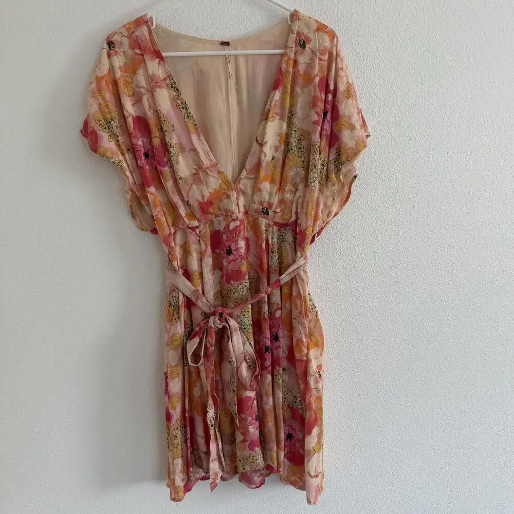 Free People Freddy Tie Mini Dress Floral Sz XL Pink Boho - Picture 2 of 7